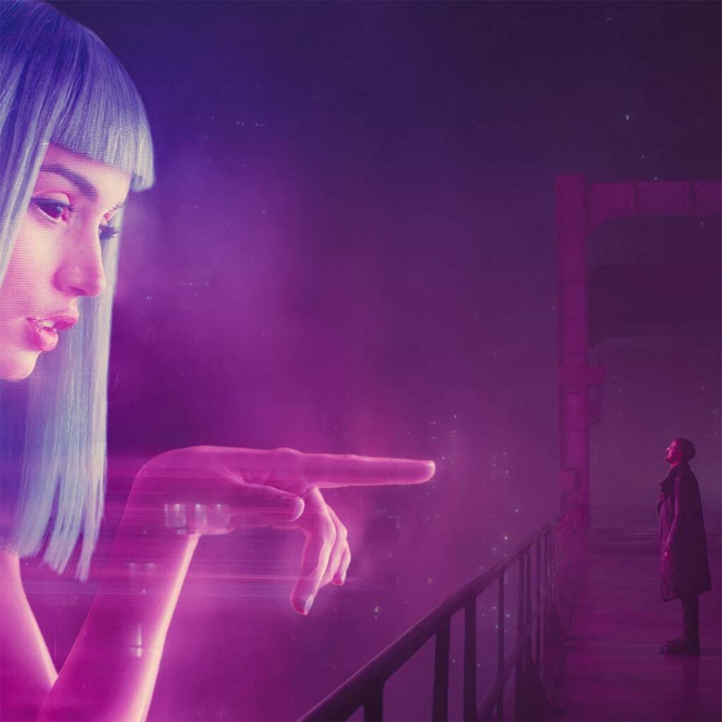 Scene from Blade Runner with hologram talking to Ryan Gosling