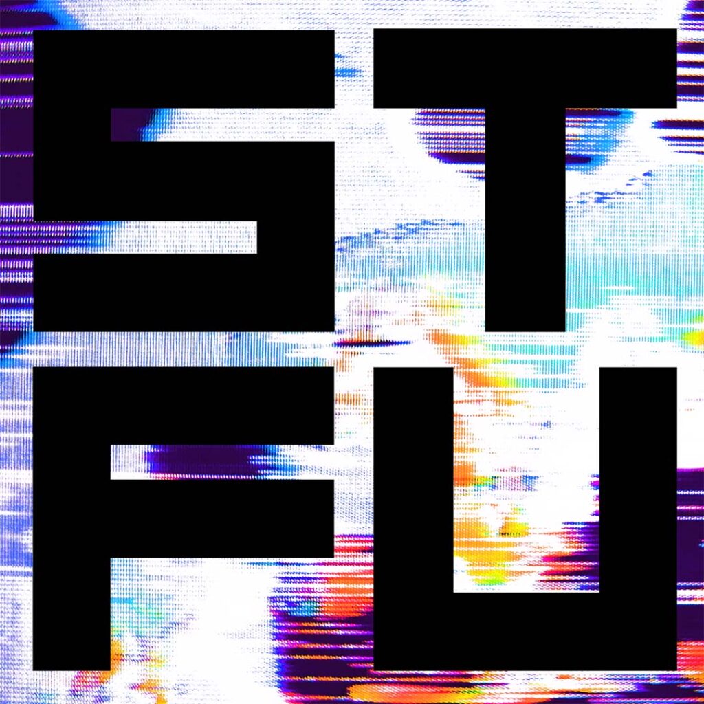 Colorful glitchy background with brutalist style letters STFU